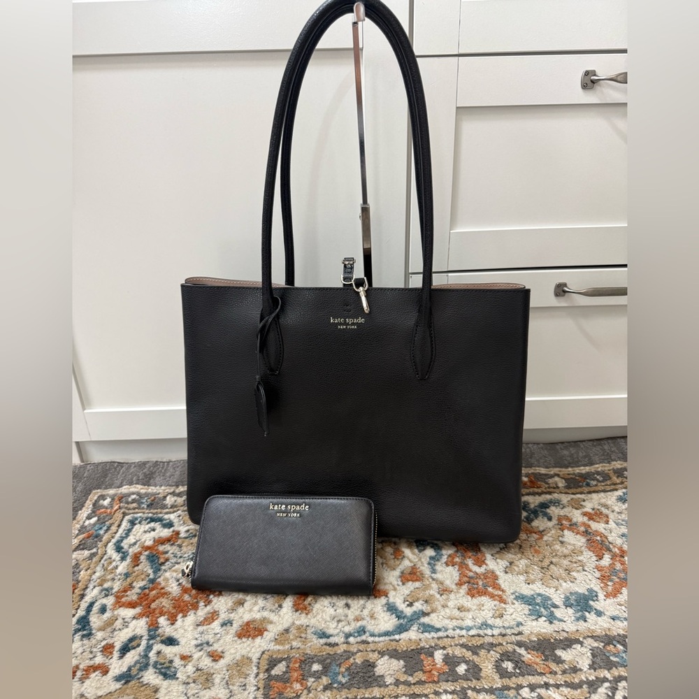 kate spade Black Leather Tote and Wallet Set with Gold Logo